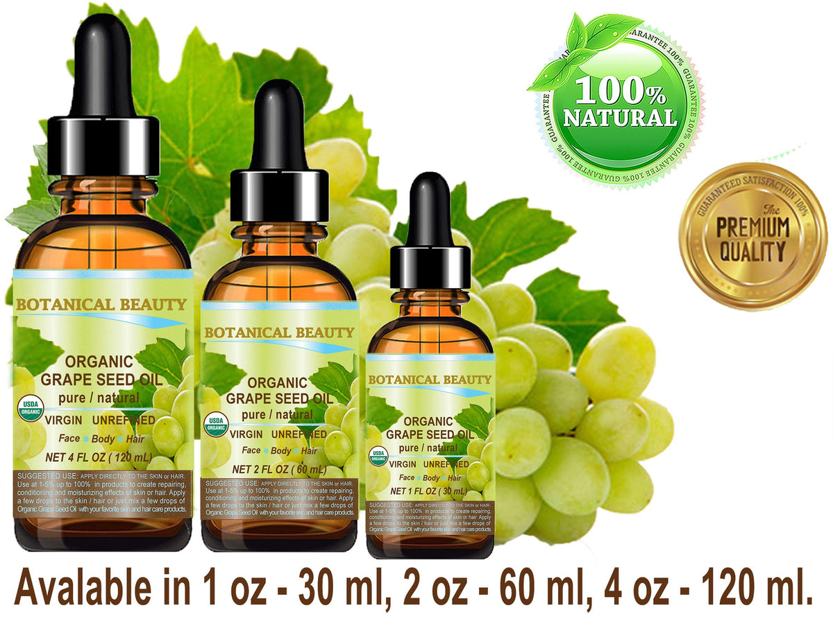 Botanical Beauty Organic GRAPE SEED OIL 100% Pure Natural VIRGIN UNREFINED Cold-Pressed Carrier Oil for Face, Skin, Body, Hair, Lip, Nails, Massage Beauty & Personal Care Botanical Beauty