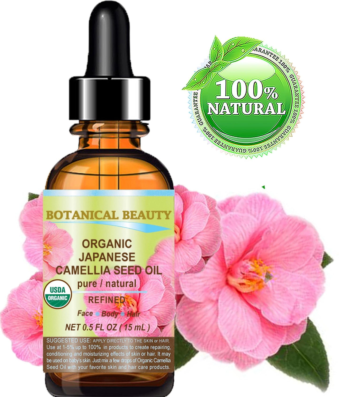 Botanical Beauty Japanese ORGANIC CAMELLIA Seed Oil. 100% Pure Natural Undiluted Refined Cold Pressed Carrier Oil to revitalize and rejuvenate the Beauty & Personal Care Botanical Beauty