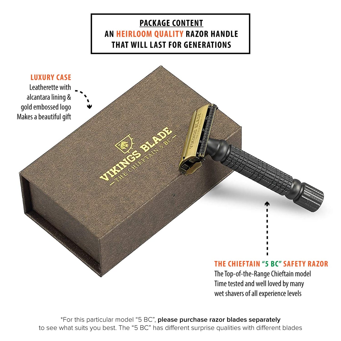 VIKINGS BLADE Double Edge Safety Razor for Men + 5 Swedish Steel Blades + Luxury Case. Smooth, Reusable, Recyclable (Chieftain “5 BC”) Beauty and Personal Care Vikings Blade