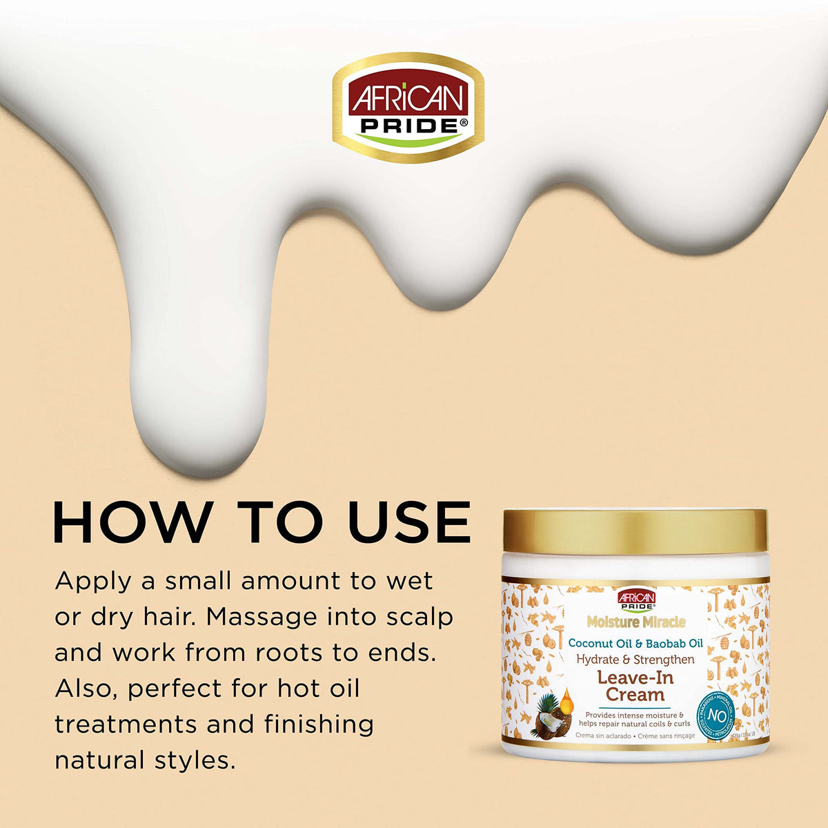 African Pride Moisture Miracle Coconut Oil & Baobab Oil Leave-In Cream - Provides Intense Moisture & Helps Repair Natural Coils & Curls, Hydrates &