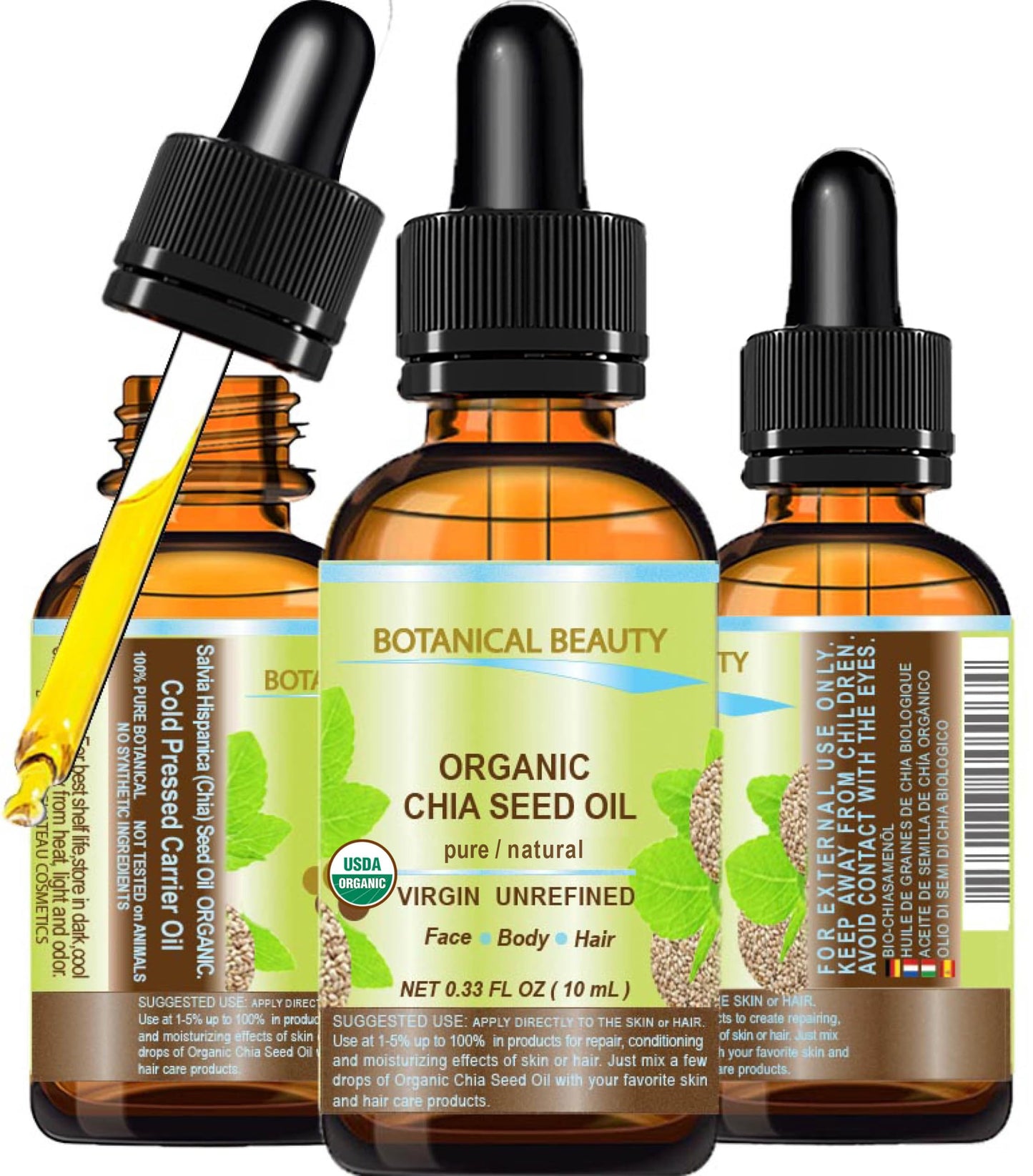Botanical Beauty Organic CHIA SEED OIL 100% Pure Natural Virgin Unrefined Cold-Pressed Carrier Oil for Face, Skin, Body, Hair, Lip, Nails. Rich in Beauty & Personal Care Botanical Beauty