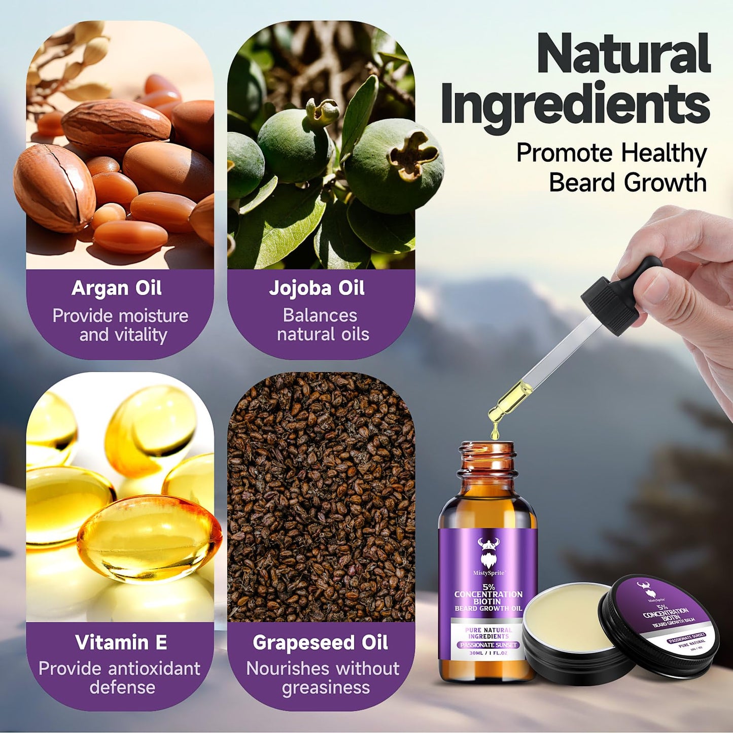 Beard Growth Kit - 5% Concentration Biotin Beard Oil for Men (2 oz) - Natural Mens Beard Oil with Argan Oil, Jojoba Oil and Vitamin, Beard Growth Beauty and Personal Care MistySprite