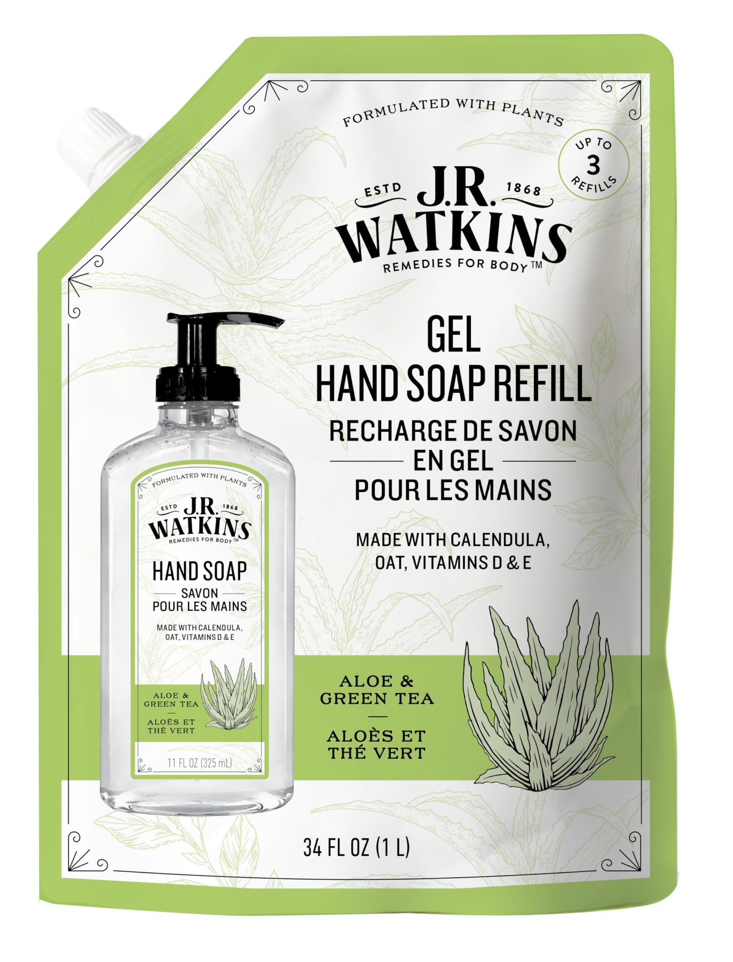 J.R. Watkins Hand Soap Refill, Aloe and Green Tea 34 fl Ounce Beauty & Personal Care J.R. Watkins