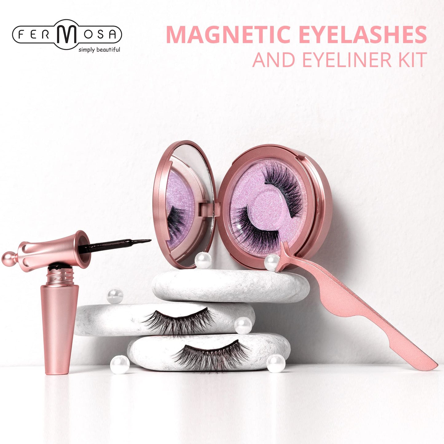Fermosa Reusable Magnetic Eyelashes and Eyeliner Kit, Magnetic Eyeliner and False Eyelashes, Easy Fake Lashes for Beginners, No Glue, 2 Pairs - Long Beauty & Personal Care FERMOSA