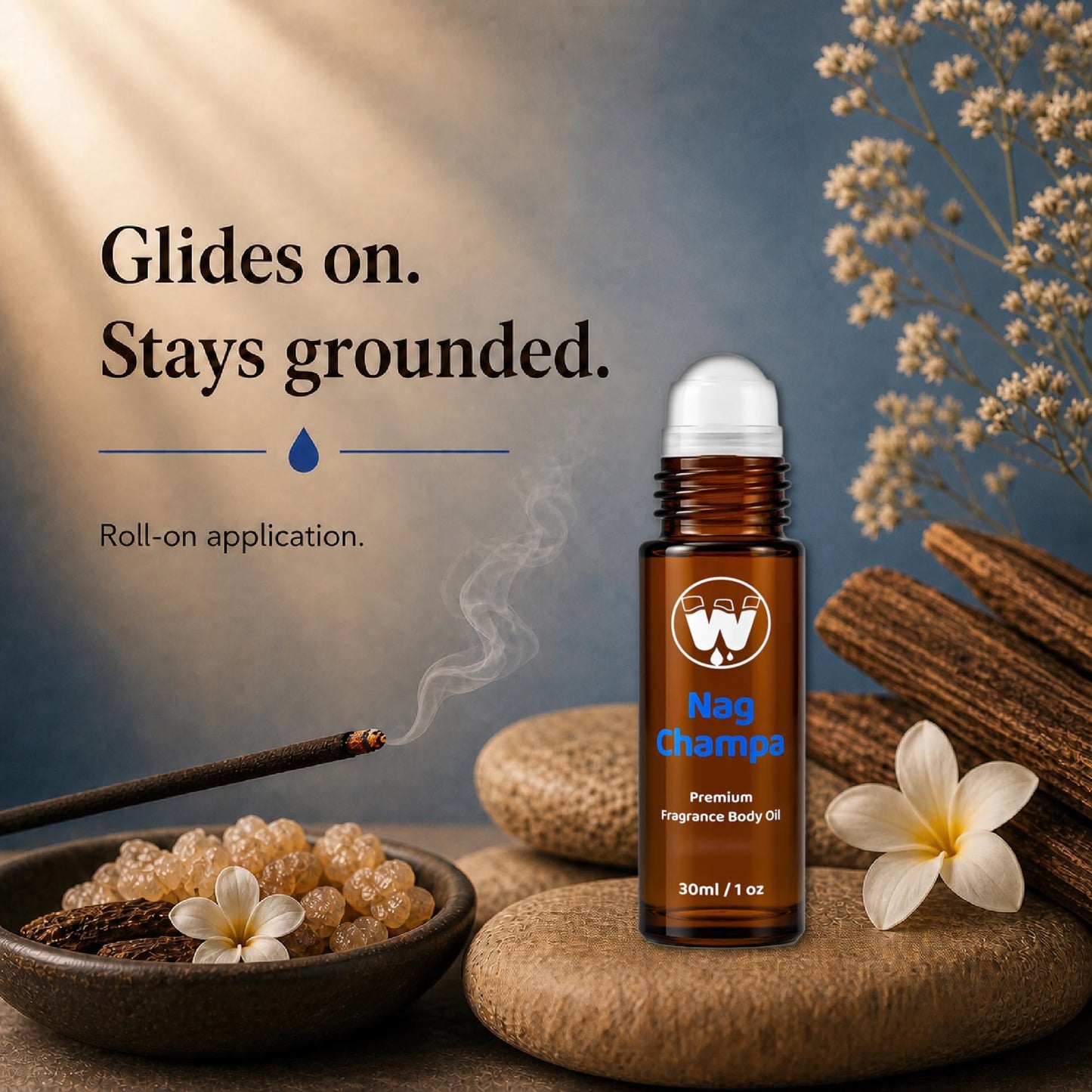 WagsMarket - Nag Champa Perfume Oil, from 0.33oz Roll On to 4oz Glass Bottle (1oz Roll-On) Beauty & Personal Care WagsMarket