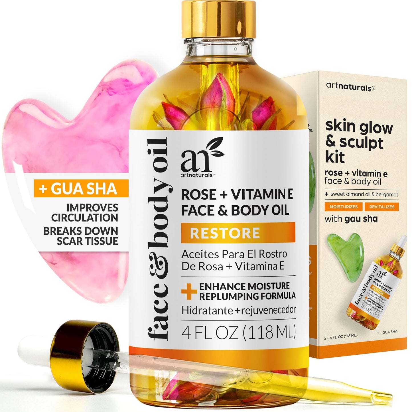ArtNaturals Face & Body Vitamin E Bio Oil 4.0oz + Gua Sha Facial Tools Set - Organic Moisturizer Skincare for Scars, Stretch Mark, Cellulite & Nails Beauty & Personal Care Artnaturals
