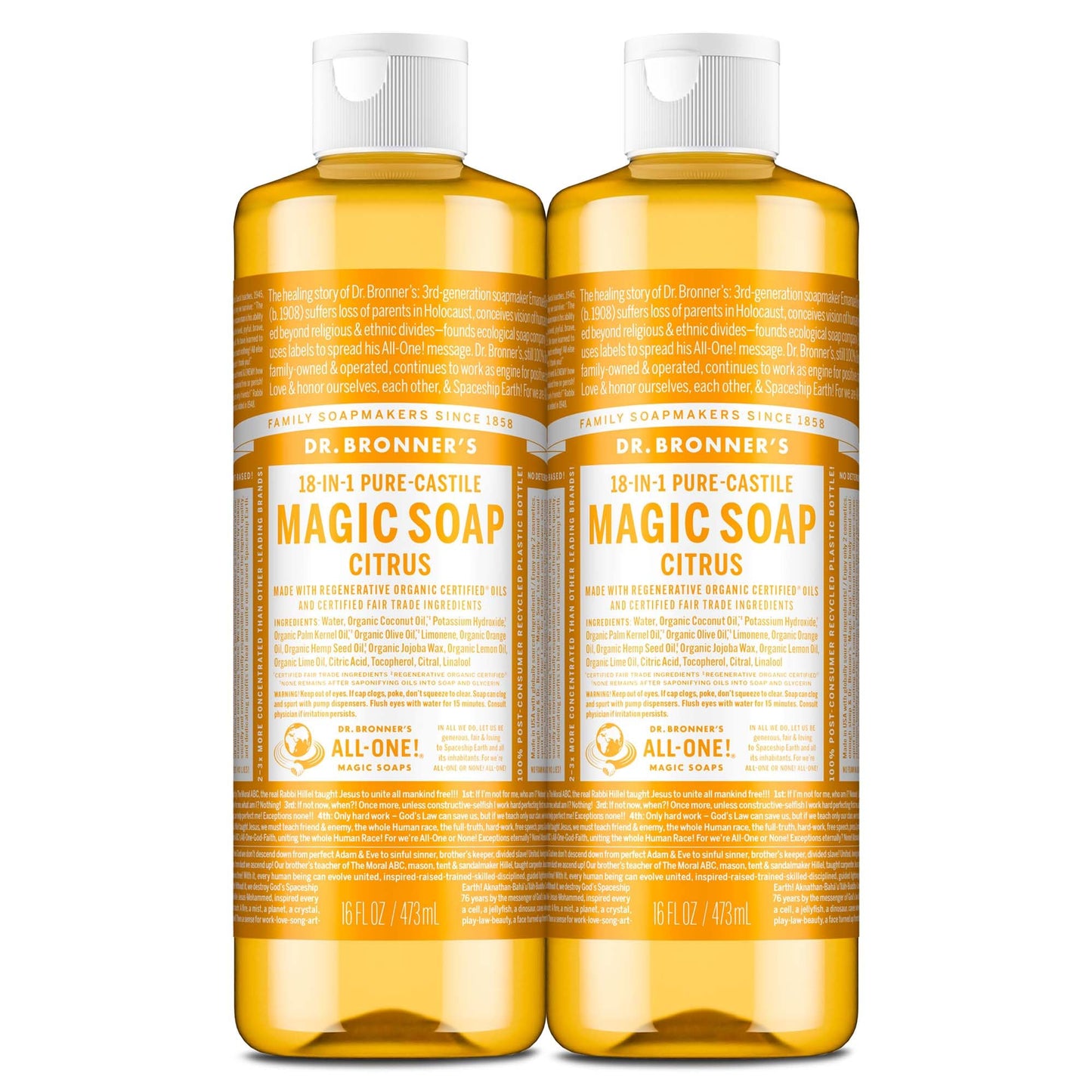 Dr. Bronner's Pure-Castile Magic Liquid Soap (Citrus, 16 Ounce, 2-Pack)- Made with Regenerative Organic Certified Oils, 18-in1 Uses: Face, Hair, Hand Beauty & Personal Care Dr. Bronner's
