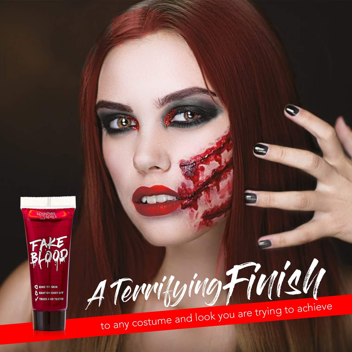 Realistic Fake Blood - Face and Body Paint - Pretend Costume and Dress Up Makeup by Splashes & Spills - New & Improved Formula! (10ml) Beauty & Personal Care splashes & spills
