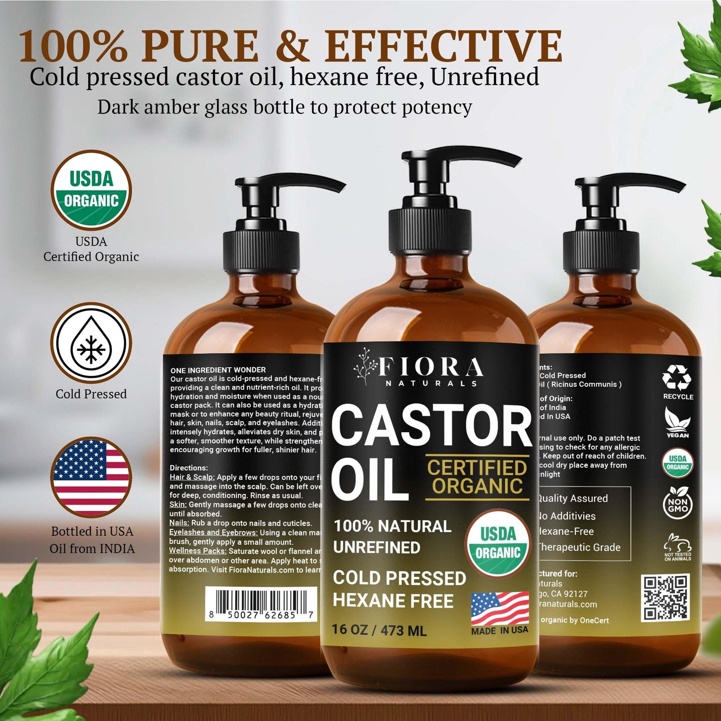Organic Castor Oil in Glass Bottle - 16 Oz Cold Pressed & Hexane-Free - USDA Certified - Hair Growth Oil For Lashes, Brows, Skin & Scalp - with Pump Beauty & Personal Care Fiora Naturals