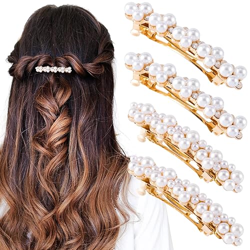 OIIKI Pearl Rhinestone Hair Snap Clips - Elegant Barrettes with Pins for Women, Girls, Brides, Parties, Wedding, Daily Use - Gold Beauty & Personal Care OIIKI
