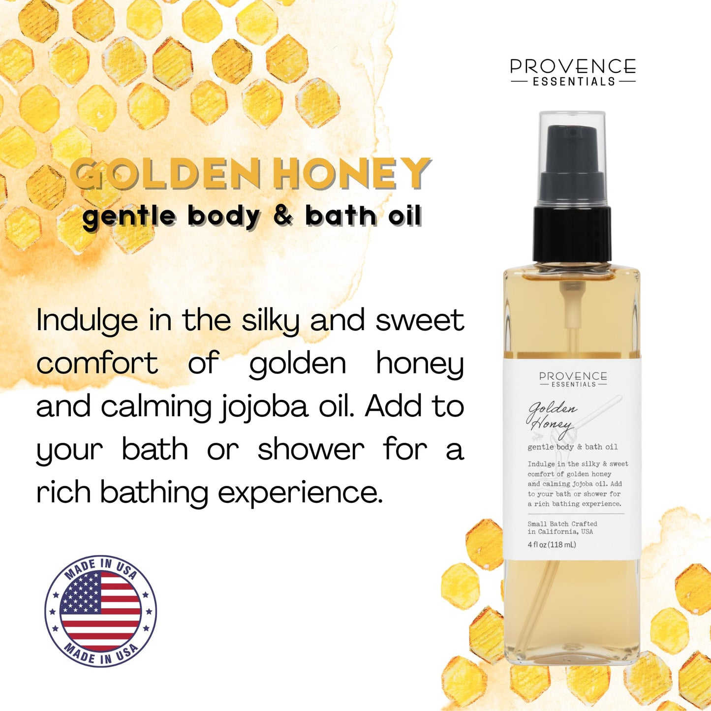 PROVENCE ESSENTIALS Golden Honey Body and Bath Oil, 4 fl oz - Moisturizing Body Oil with Jojoba and Honey, Natural Skin Hydration Beauty and Personal Care PROVENCE ESSENTIALS