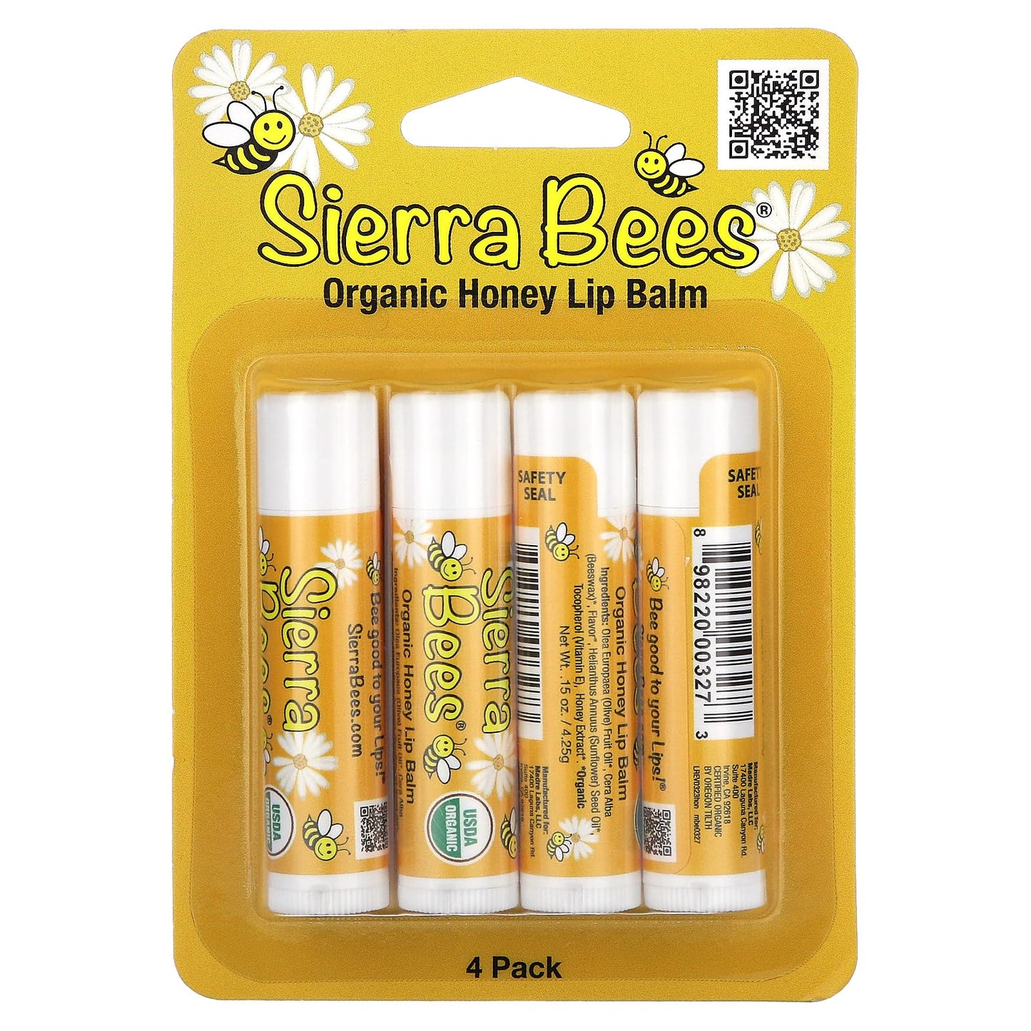 Sierra Bees Organic Lip Balms, Honey, 4 Pack, 0.15 oz (4.25 g) Each Beauty and Personal Care Sierra Bees