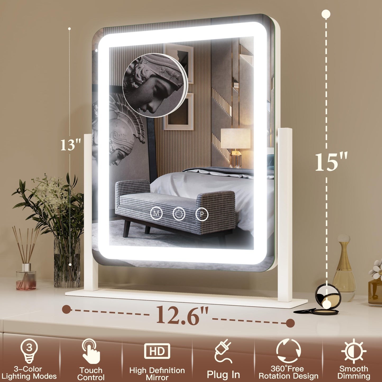FENNIO Vanity Mirror with Lights - 15"x12.6" LED Lighted Makeup Mirror, Large Makeup Mirror with Lights, Touch Screen with 3-Color Lighting, Dimmable Beauty and Personal Care FENNIO