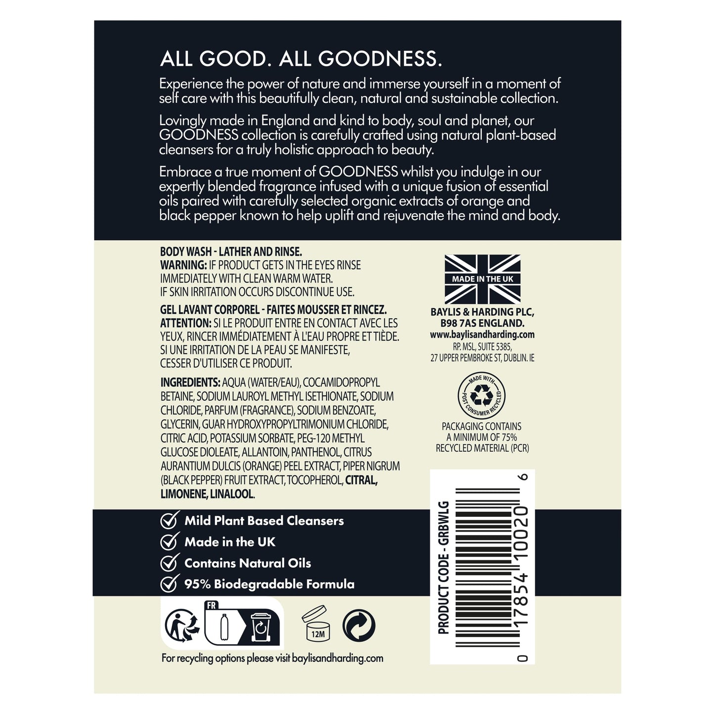 Baylis & Harding Liquid Body Wash Soap, Goodness, Lemongrass & Ginger, 16.9oz/500ml Beauty & Personal Care Baylis & Harding