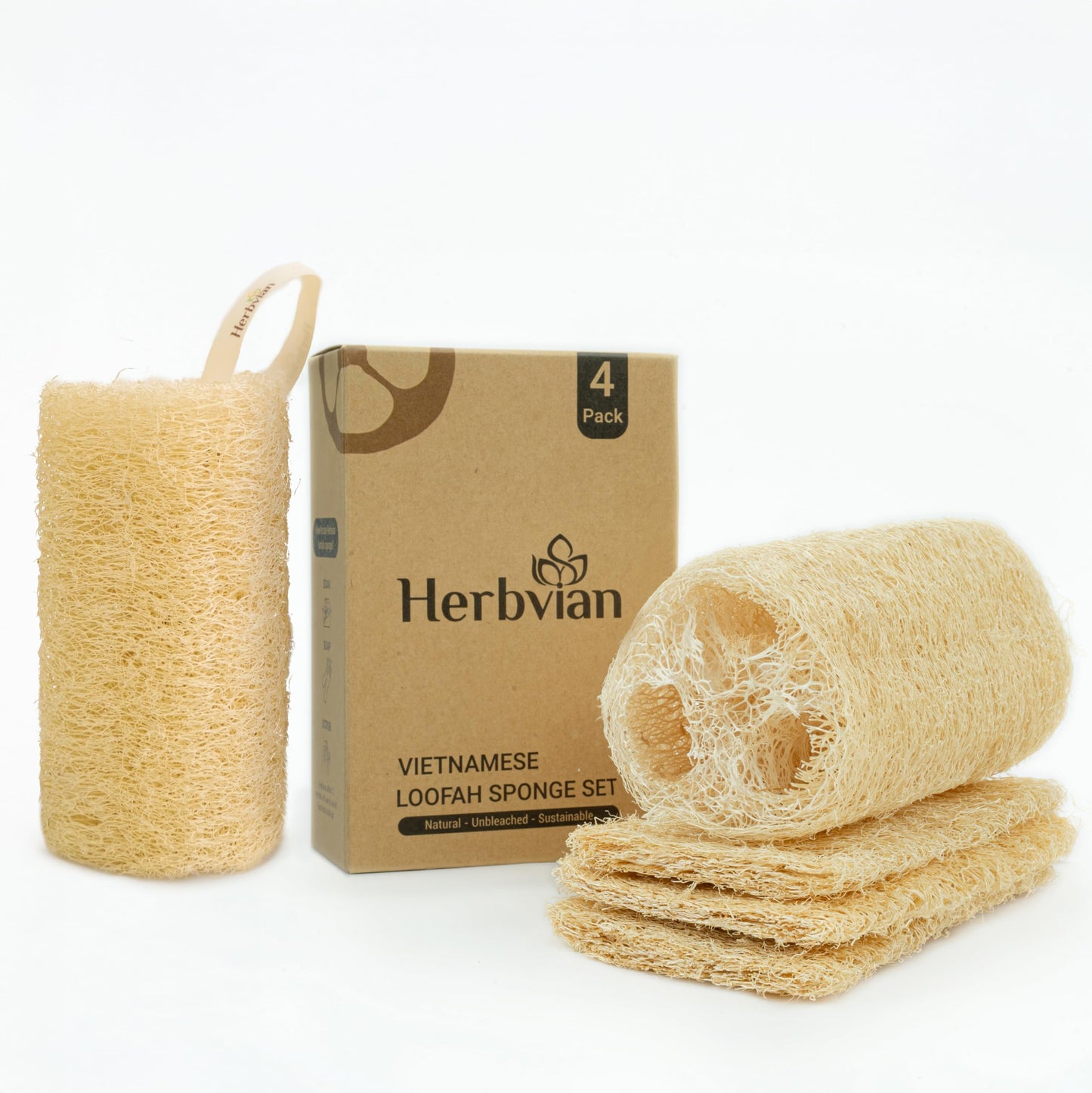 Natural Vietnamese Loofah Sponge, 100% Plant-Based Luffa Exfoliating Body Scrubber for Shower, Multi-Functional for Kitchen, Ideal for Men & Women Beauty and Personal Care Herbvian