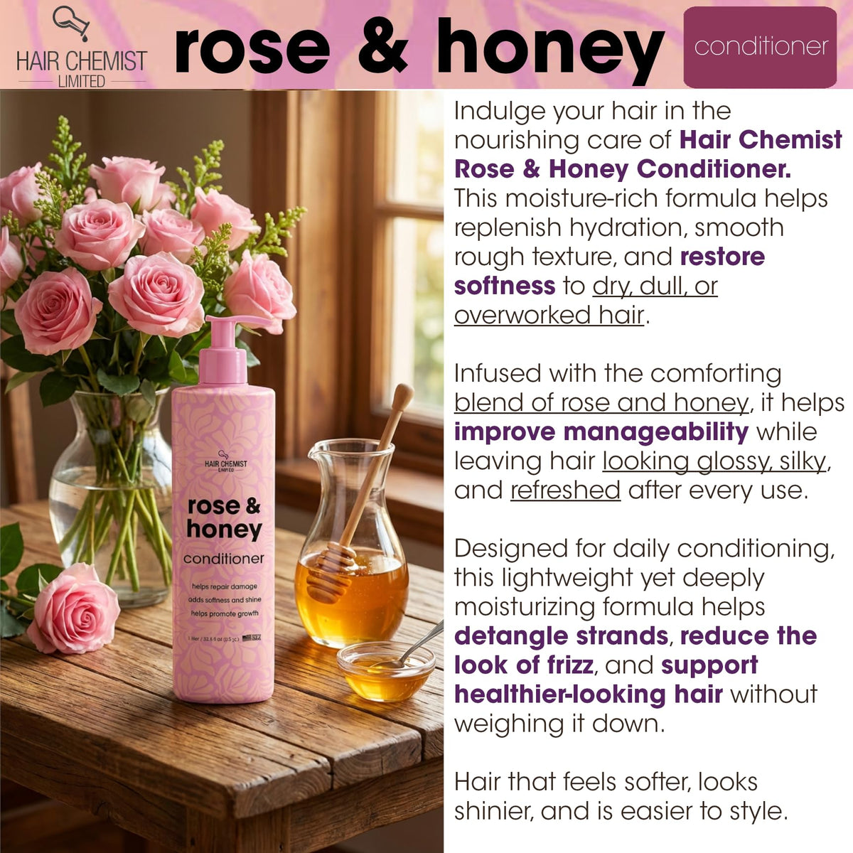 Hair Chemist Rose & Honey Conditioner 33.8 oz. - Nourishing Conditioner for Damaged Hair, Adds Softness & Shine while Promoting Growth