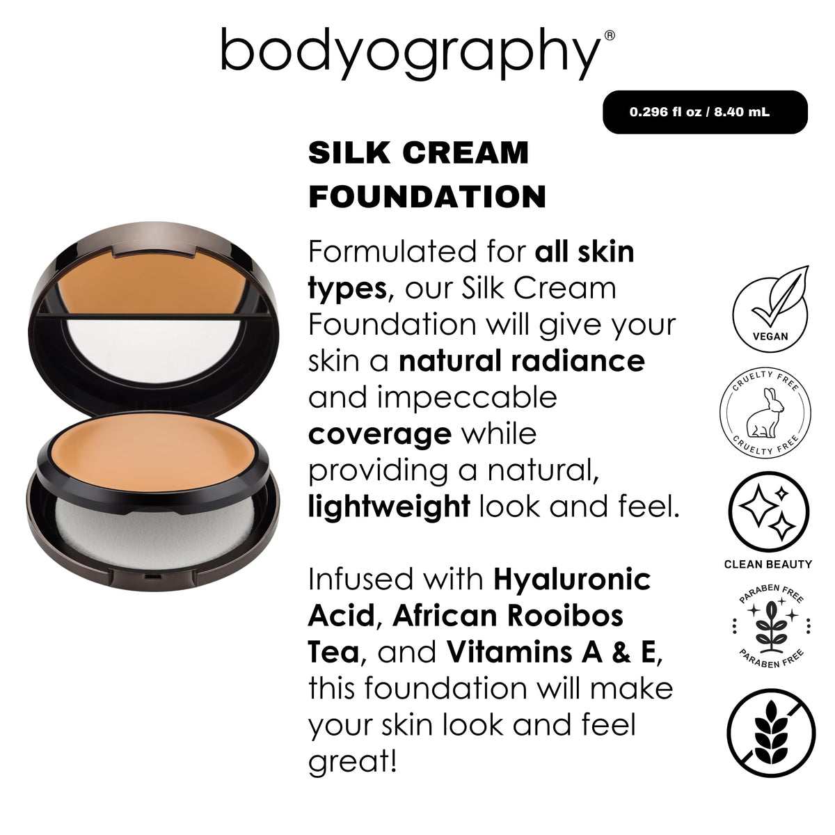 Bodyography Silk Cream Foundation - Medium/Dark | Hydrating, Weightless Liquid Cream Foundation with Hyaluronic Acid & African Rooibos Tea | Beauty & Personal Care Bodyography