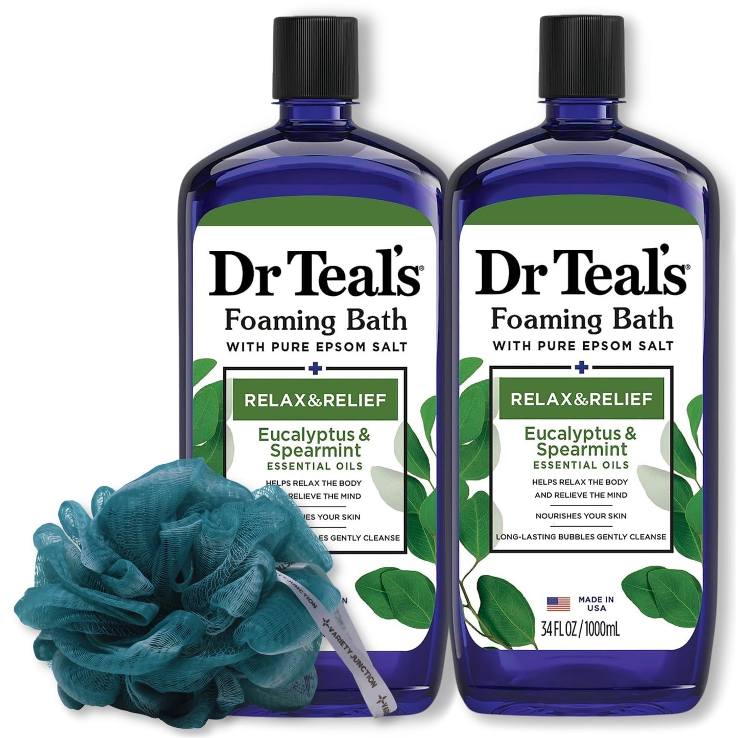 Dr. Teal's Eucalyptus and Spearmint Foaming Bath 34oz Bottles (Pack of 2) with Variety Junction Premium Bath Sponge - Relax and Relief, Bubble Bath Beauty and Personal Care Variety Junction