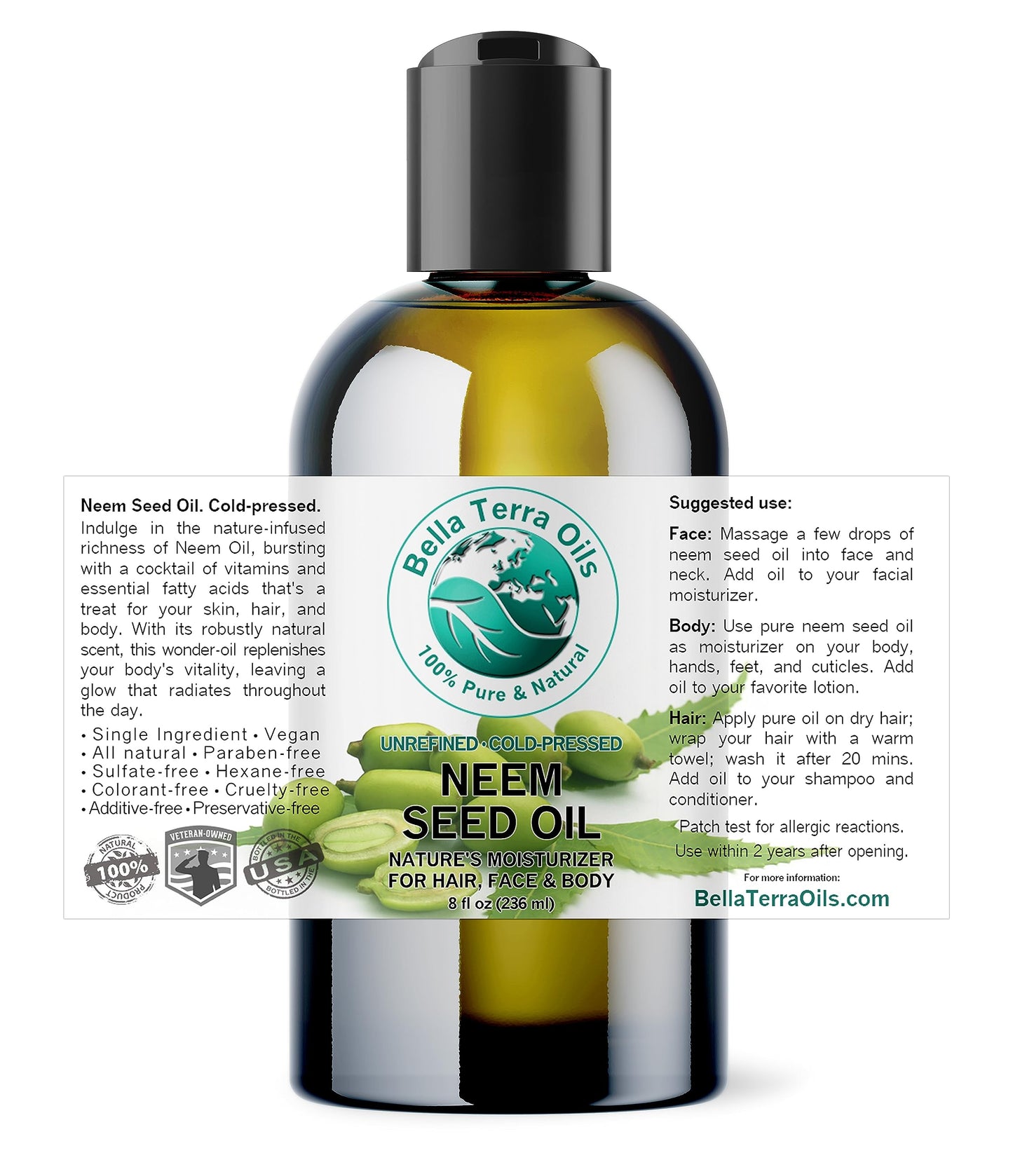 Bella Terra Oils - Organic Neem Seed Oil 8 oz - Harnessing the Power of Organic Neem Seeds, Rich in Stearic Acid, A Luxurious Elixir for Natural Skin Beauty & Personal Care Bella Terra Oils