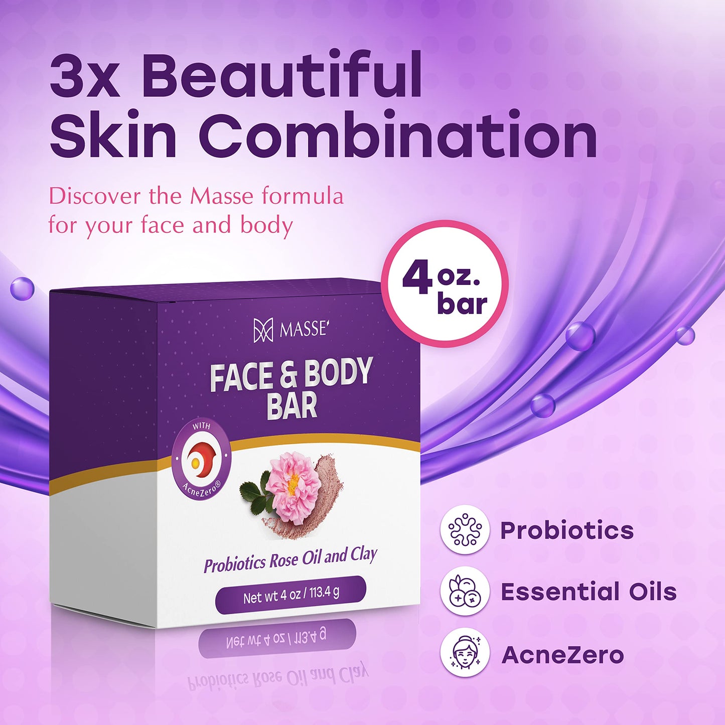 MASSE' Face & Body Bar - Probiotic with Rose Oil & Clay Infused cleansing body bar with Coleus, Vitex Berry Extracts - For Men and Women - Ideal Beauty & Personal Care MASSE'