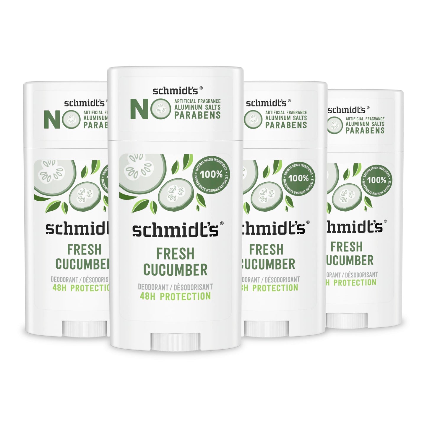 Schmidt's Aluminum-Free Vegan Deodorant Fresh Cucumber 4 Count for Women and Men, with 24 Hour Odor Protection, Natural Ingredients, Cruelty-Free Beauty and Personal Care Schmidt's
