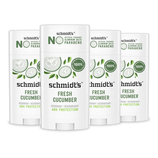 Schmidt's Aluminum-Free Vegan Deodorant Fresh Cucumber 4 Count for Women and Men, with 24 Hour Odor Protection, Natural Ingredients, Cruelty-Free Beauty and Personal Care Schmidt's