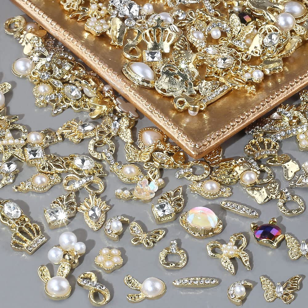 Dornail 50pcs Gold Nail Charms for Acrylic Nails, Mix Styles Shiny Pearl Alloy Nail Rhinestones Flower Butterfly Heart Star Charms for Nails Women Beauty & Personal Care Dornail
