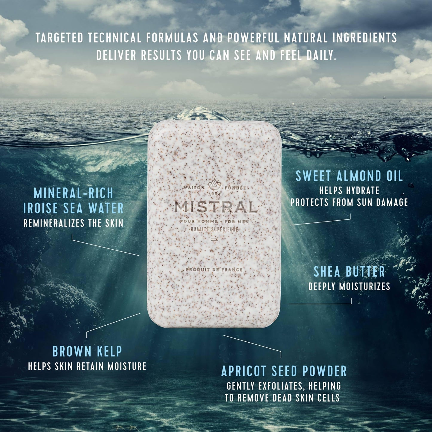 Mistral Exfoliating Bar Soap for Men - 8.8 oz | Luxury French Scrub Bar with Apricot Seed Powder, Marine Minerals, Shea Butter, pH?Balanced Beauty & Personal Care Mistral