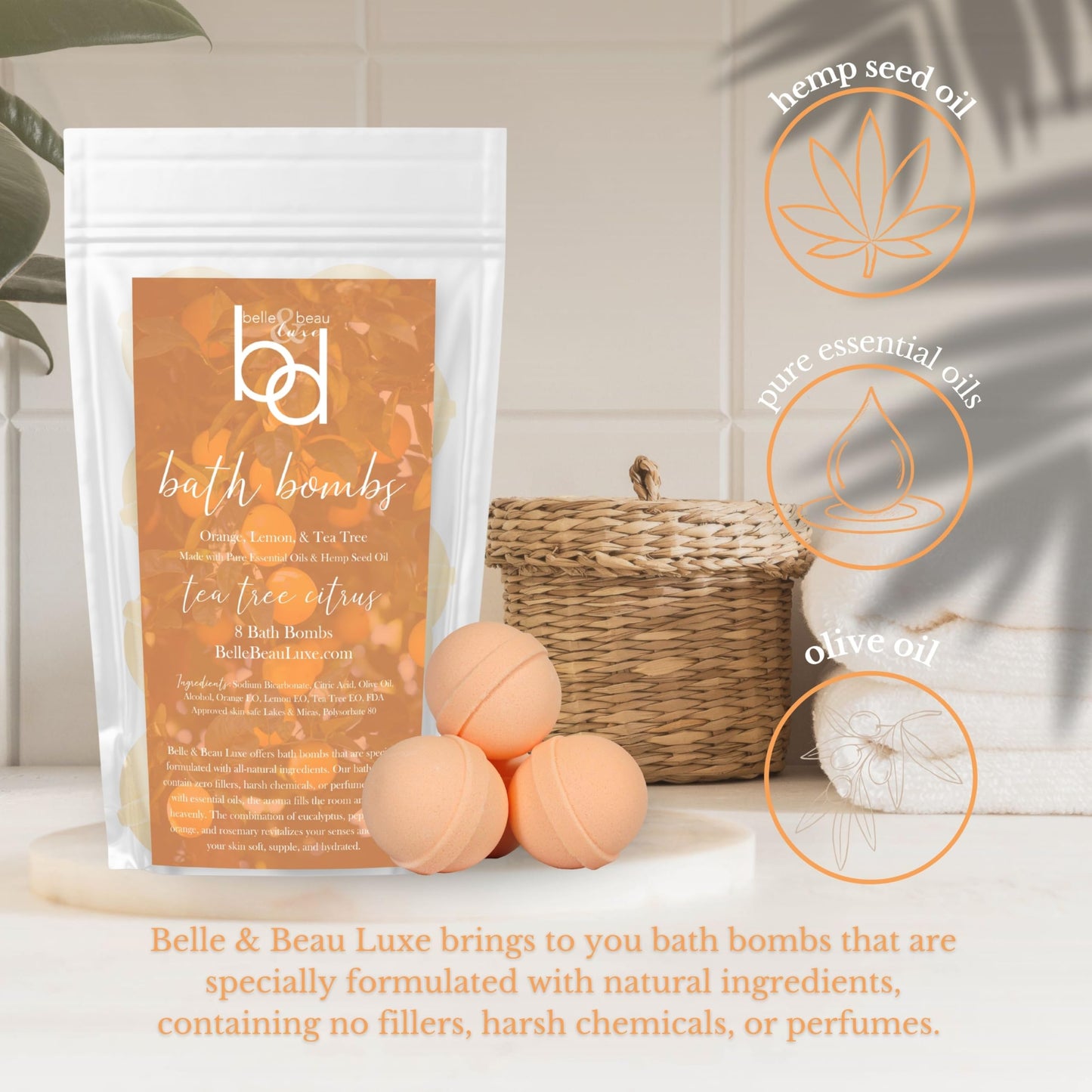 Belle & Beau Luxe Tea Tree Citrus Hemp Bath Bombs - Made with Organic Hemp Seed Oil and Essential Oils - 8 Count Beauty and Personal Care BB BELLE & BEAU LUXE
