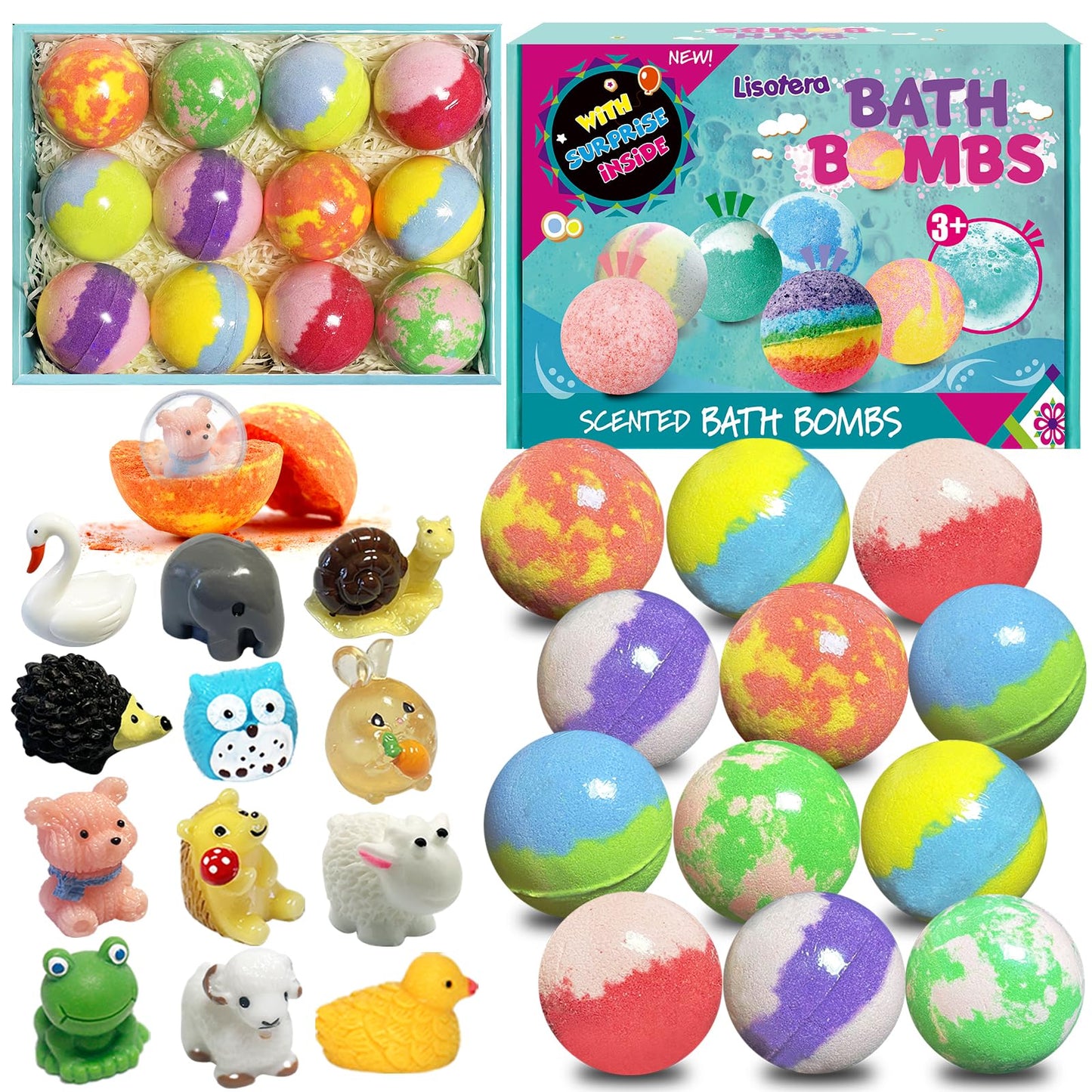 Bath Bombs for Kids with Surprise Inside, 12pcs Bath Bombs with Toys, Organic Colorful Bubble Bath Fizzy Ball, Birthday Gifts Set for Kids, Christmas Beauty and Personal Care Lisotera