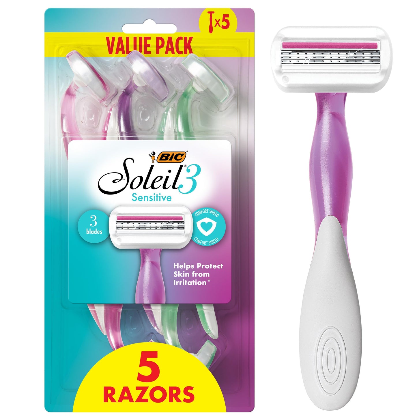 BIC Soleil 3 Sensitive Women's Disposable 3-Blade Razors, Comfort Shield and Moisture Strip, 5-Pack Beauty and Personal Care BIC