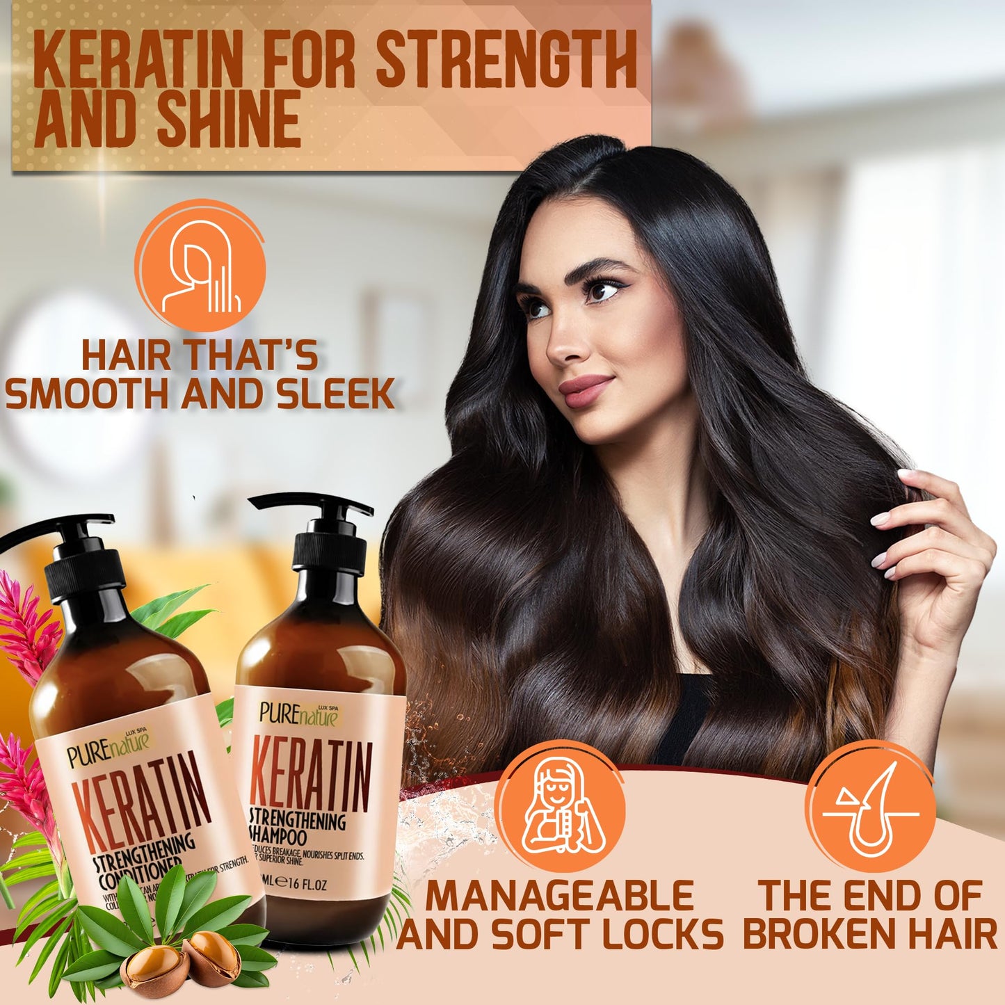 Keratin Shampoo and Conditioner Set - Sulfate and Paraben Free Treatment for Dry Hair - Anti Frizz, Collagen Enriched Formula for Curly or Damaged Beauty & Personal Care PURE NATURE LUX SPA