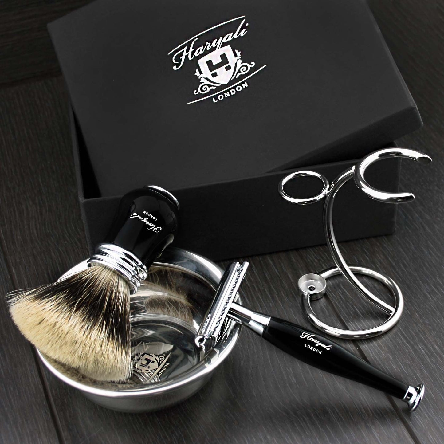 Ready to Use 4 Pcs Men's Shaving Set with Double Edge Safety Razor, Sliver Tip Badger Hair Brush, Stand and Steel Soap Bowl Beauty and Personal Care Haryali London