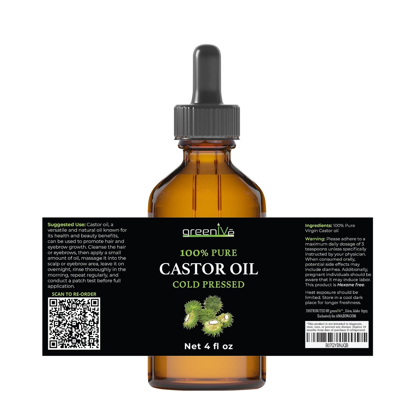 GreenIVe Castor Oil 100% Pure 4 fl oz Bottle Cold Pressed, Hexane Free, Eyelash and Eyebrow Growth Serum, Skin Moisturizer Detox and Wraps Beauty & Personal Care GreenIVe