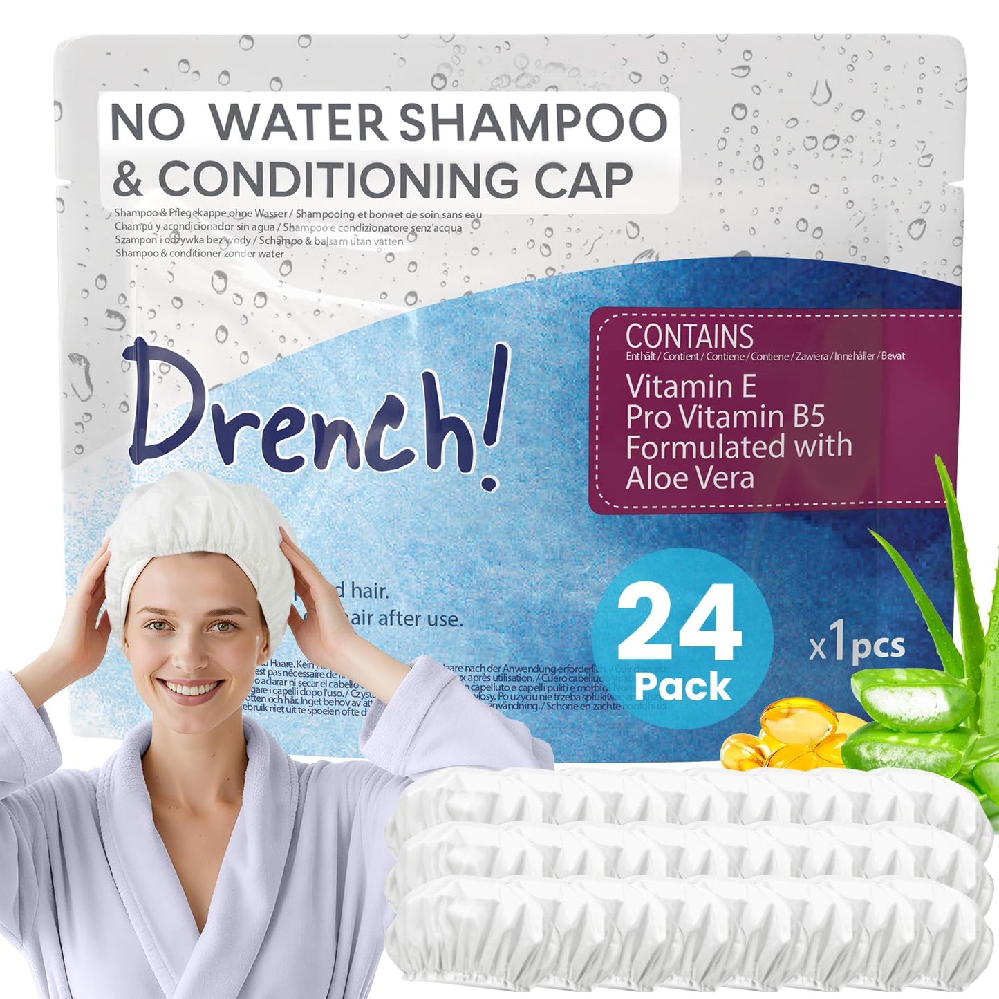 Drench No Water Hair Washing Cap - Waterless Shower Caps with Shampoo and Conditioner - Disposable Rinse Free Wash Aids - Ideal for Elderly Beauty and Personal Care Drench! Medical