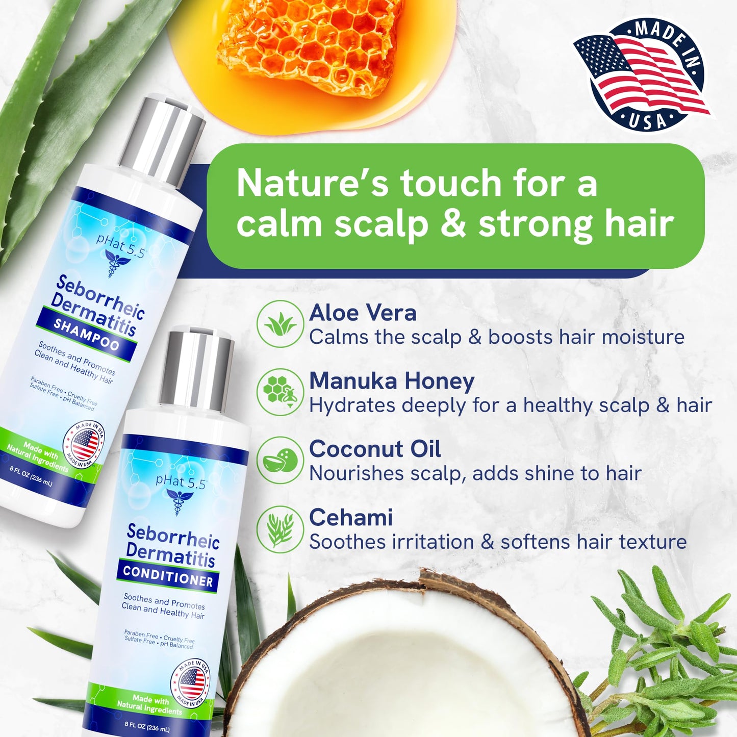 Sulfate Free Shampoo and Conditioner Set for Seborrheic Dermatitis Relief - Severe Dry & Itchy Scalp Treatment with Manuka Honey, Aloe Vera & Coconut Beauty & Personal Care pHat 5.5