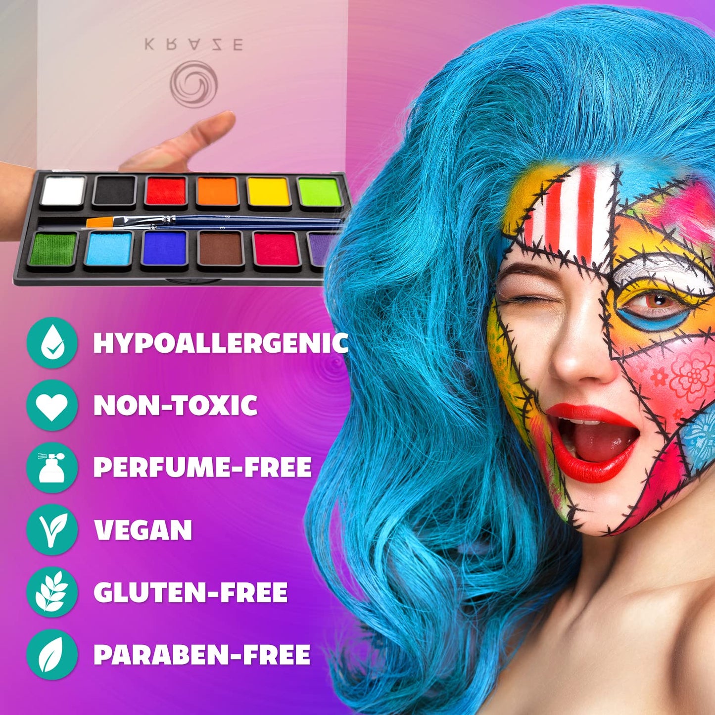 Kraze FX Basic Party Professional Face Paint Palette (12 x 10 gm) - Water Activated, Hypoallergenic, Safe, Non Toxic Body Paint Makeup Cosplay SFX Beauty & Personal Care Kraze FX