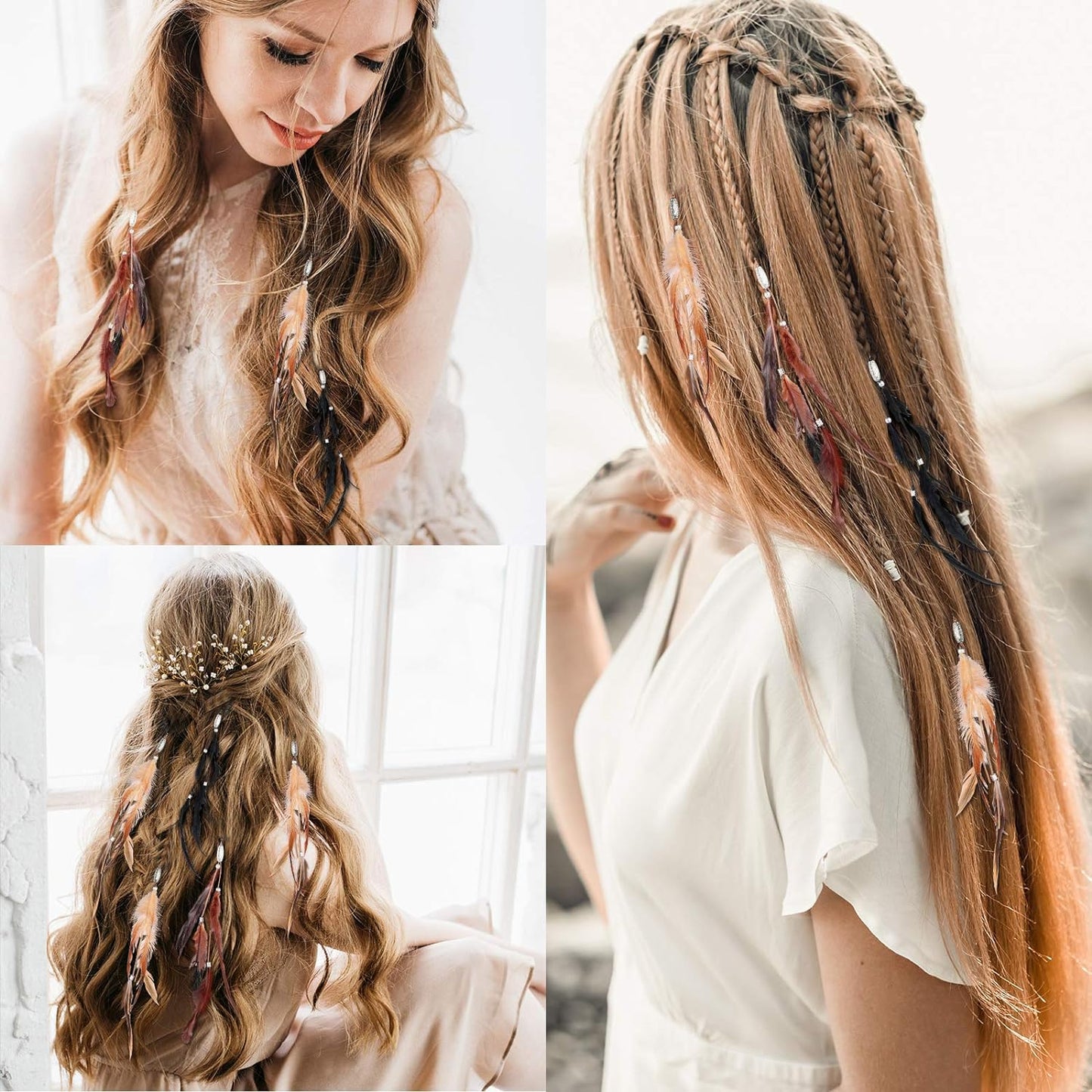 RONRONS 6 Pack Handmade Boho Hippie Hair Extensions with Feather Clip Comb Headdress DIY Accessories for Women (Brown, Black, Khaki) Beauty & Personal Care RONRONS