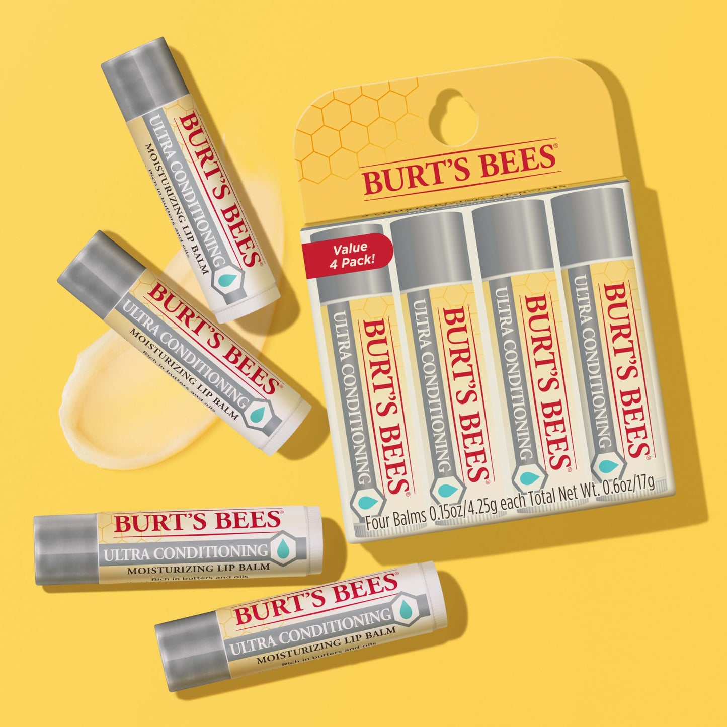 Burt's Bees Lip Balm, Moisturizing Lip Care, 100% Natural Origin, Ultra Conditioning with Shea, Cocoa & Kokum Butter (4 Pack) Beauty & Personal Care Burt's Bees