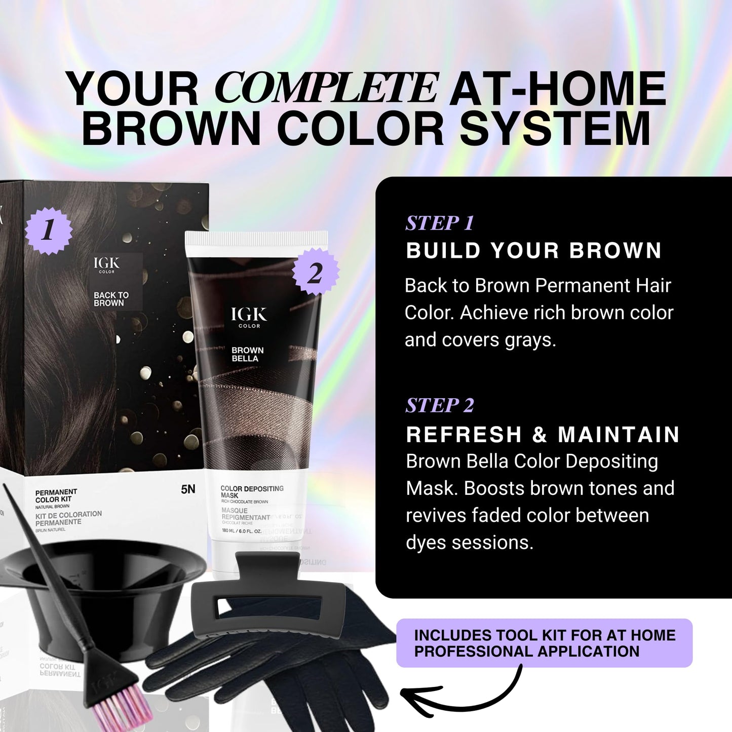 IGK At-Home Brown Hair Color System | Permanent Color, Tone-Refreshing Mask & Tools | Long-Lasting Color, Tone Refresh & Rich Shine Beauty & Personal Care IGK
