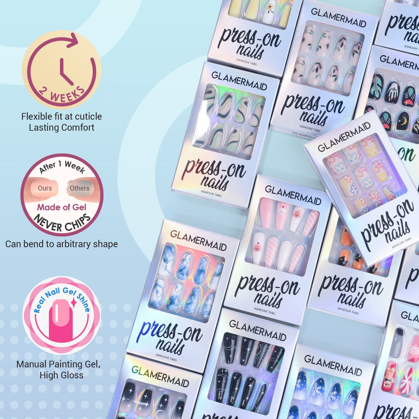 GLAMERMAID Rainbow Press on Nails Medium Square, Paint Color Ombre Nude Gel False Nals with Design, Colorful Glue on Nails Kit for Women, Colorful Beauty & Personal Care GLAMERMAID