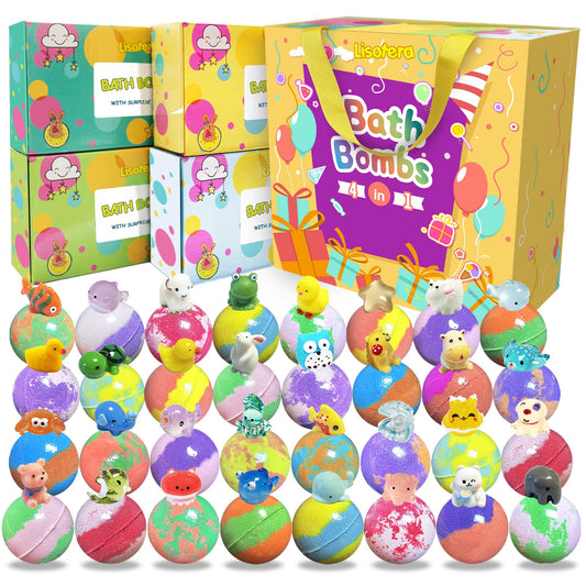 Bath Bombs for Kids with Surprise Inside, 32 Pack Kids Bath Bombs with Land & Sea Animal Toys, Bubble Bath Fizzy Ball for Girls Boys with Bath Toys Beauty and Personal Care Lisotera