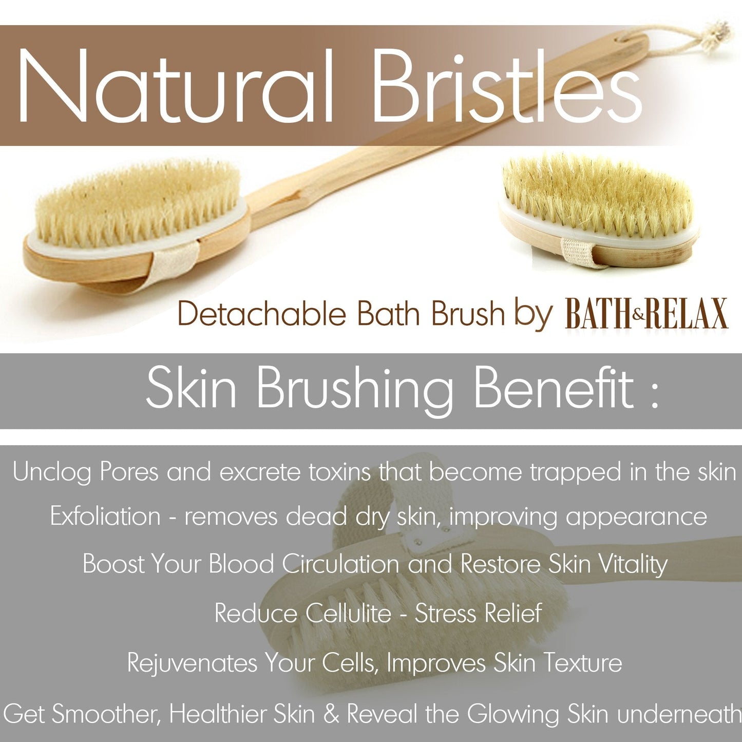 Bath & Relax New Bath Body Brush Back Scrubber Natural Bristles For Shower Exfoliating, Cleansing, Dry or Wet Skin Brushing with Long Handle Wooden Beauty and Personal Care Bath & Relax