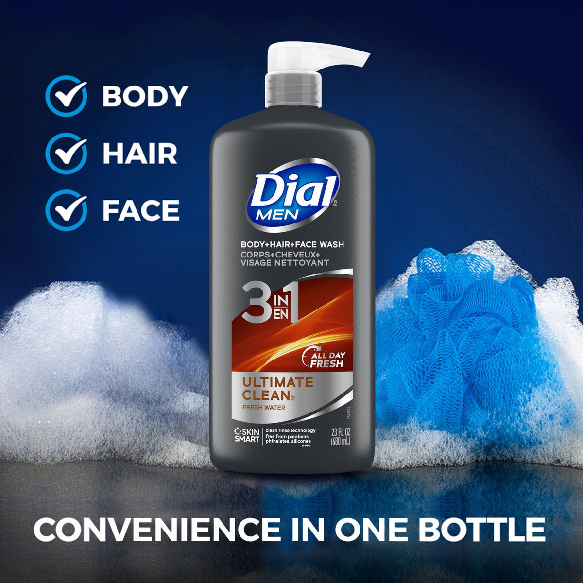 Dial Men 3 in 1 Body, Hair and Face Wash, Refresh, 16 Fl Oz, Pack of 6, Cleanses Deep + Gentle on Skin with Clean Rinse Technology Beauty & Personal Care Dial