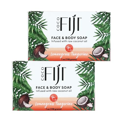 "Coco Fiji Soap Bar for Face and Body Infused With Organic Coconut Oil, Lemongrass Tangerine Essential Oil, Natural Soap for Moisturizing & Pore Beauty & Personal Care Organic Fiji