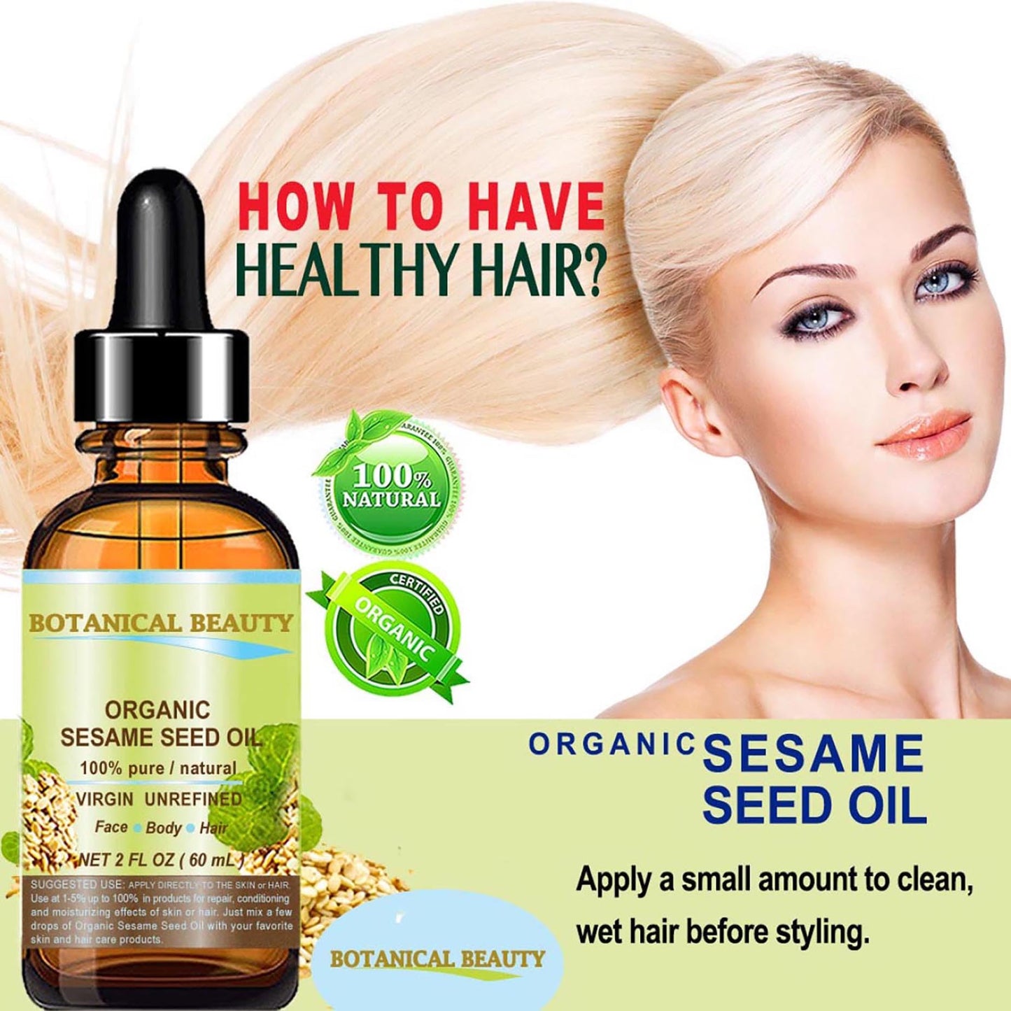 Organic SESAME SEED OIL 100% Pure Natural Virgin Unrefined Undiluted Cold Pressed Carrier Oil for Face, Skin, Body, Hair, Massage, Nails. 2 Fl. oz Beauty & Personal Care Botanical Beauty