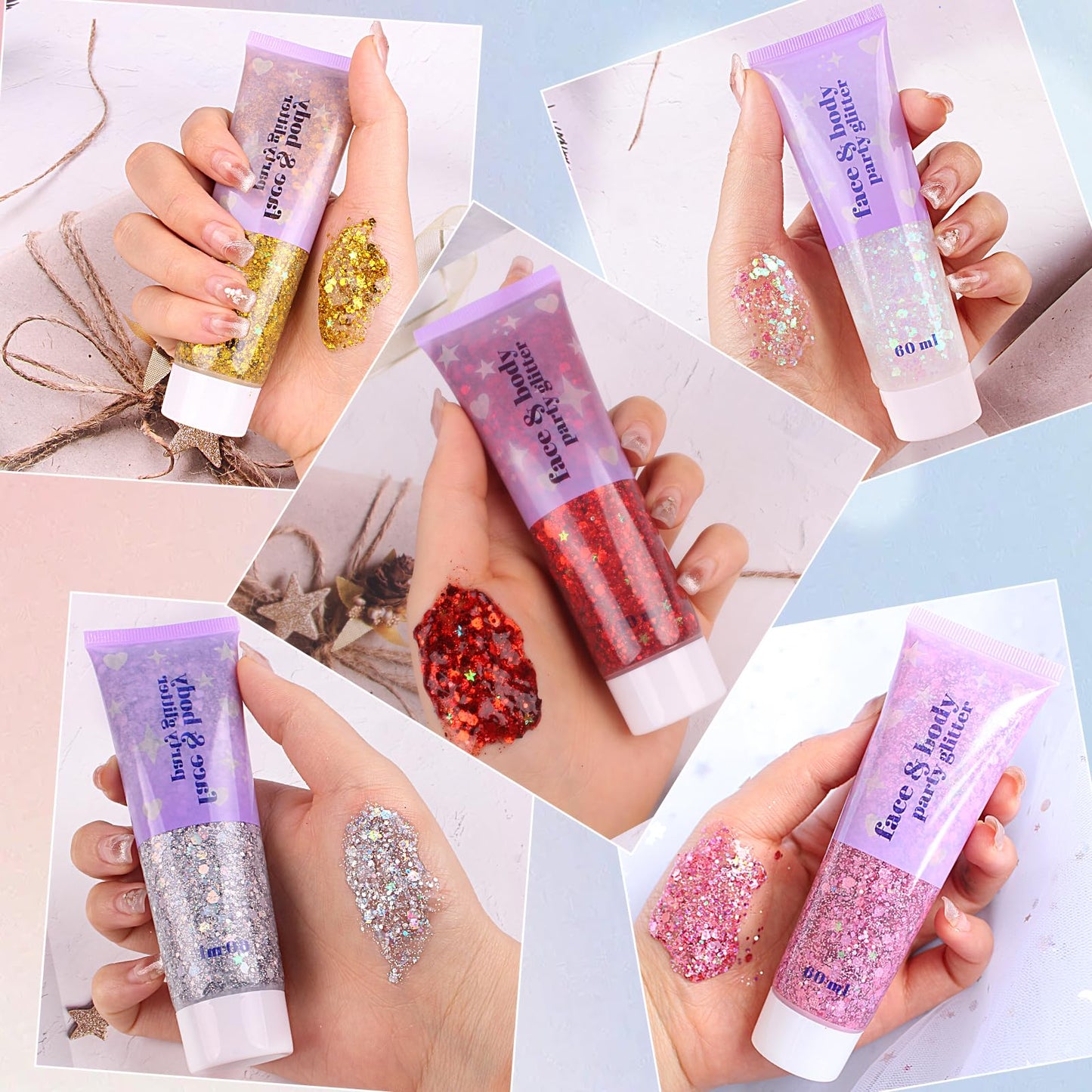 ANGXILIN High Capacity 60+60ML Chunky and Fine Mixed Face Body Glitter with Gel for Singer Concerts Rave Party Makeup,Quick Dry and Long Lasting Beauty & Personal Care ANGXILIN