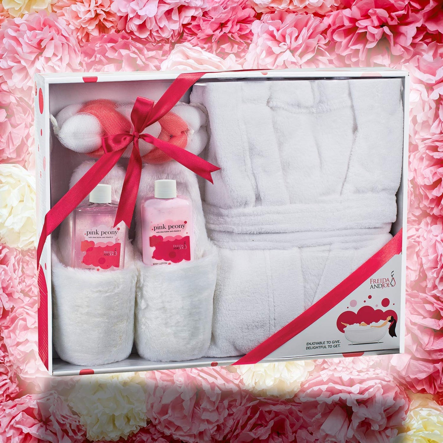 Luxury Home Spa Gift Basket with Pink Peony Scent - Indulgent Ultra Soft Bathrobe & Plush Slipper Spa Box for Women - Complete Bath & Body Set Luxury Beauty & Personal Care Freida and Joe