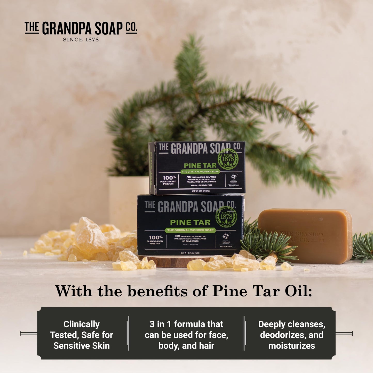 The Grandpa Soap Company Pine Tar Bar Soap for Men- Made With Pine Tar Oil, 3 in 1 Cleanser Deodorizer and Moisturizer, Dermatologist Tested, Safe Beauty & Personal Care The Grandpa Soap Company