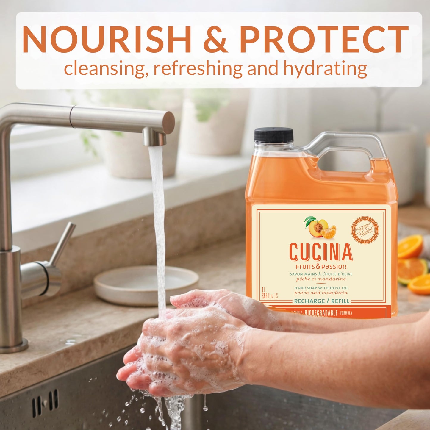 Cucina Fruits & Passion Hand Soap Refill, Peach & Mandarin, 1 L (33.8 fl oz), Liquid Hand Soap with Moisturizing Olive Oil, Biodegradable, Vegan Beauty & Personal Care Cucina